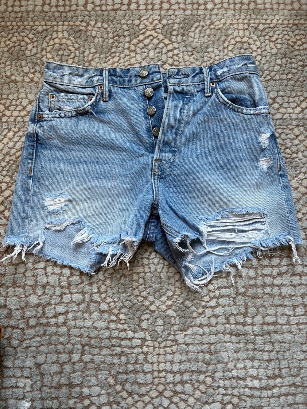 GRLFRND Light Blue Distressed High-Rise Denim Shorts